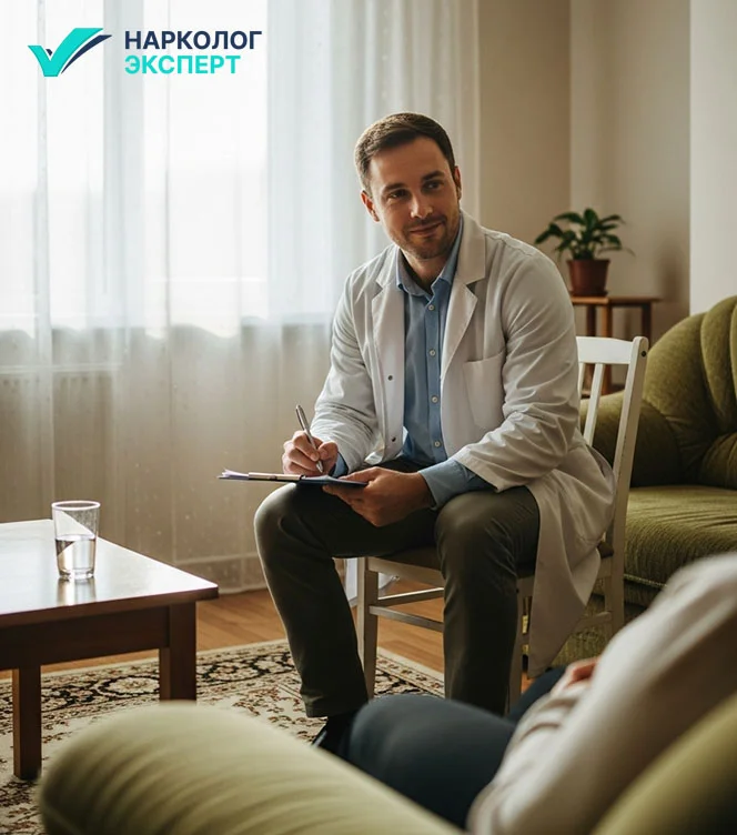 Врач сидит на стуле в квартире у пациента